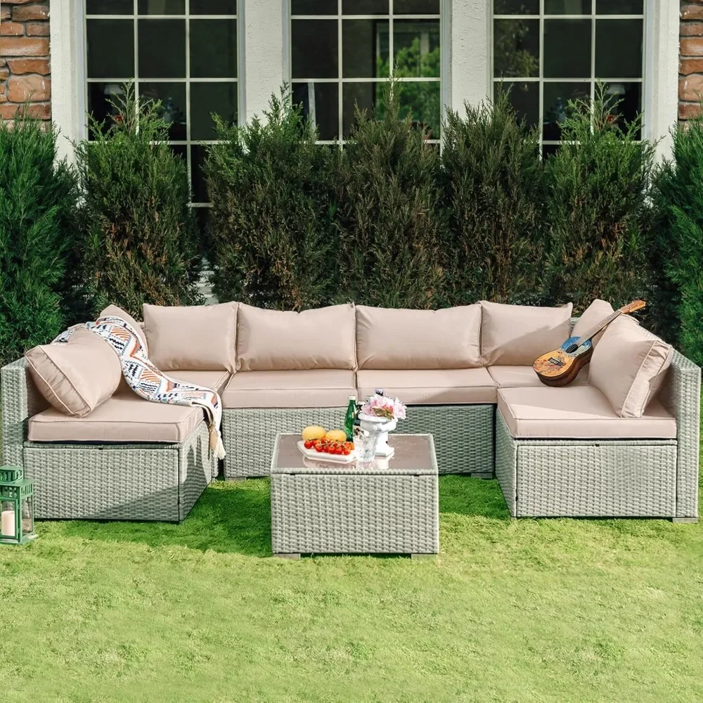 7 Pieces Patio Furniture Set - Outdoor Sectional Wicker Rattan Furniture with Cushion and Glass Table Patio Conversation Sets