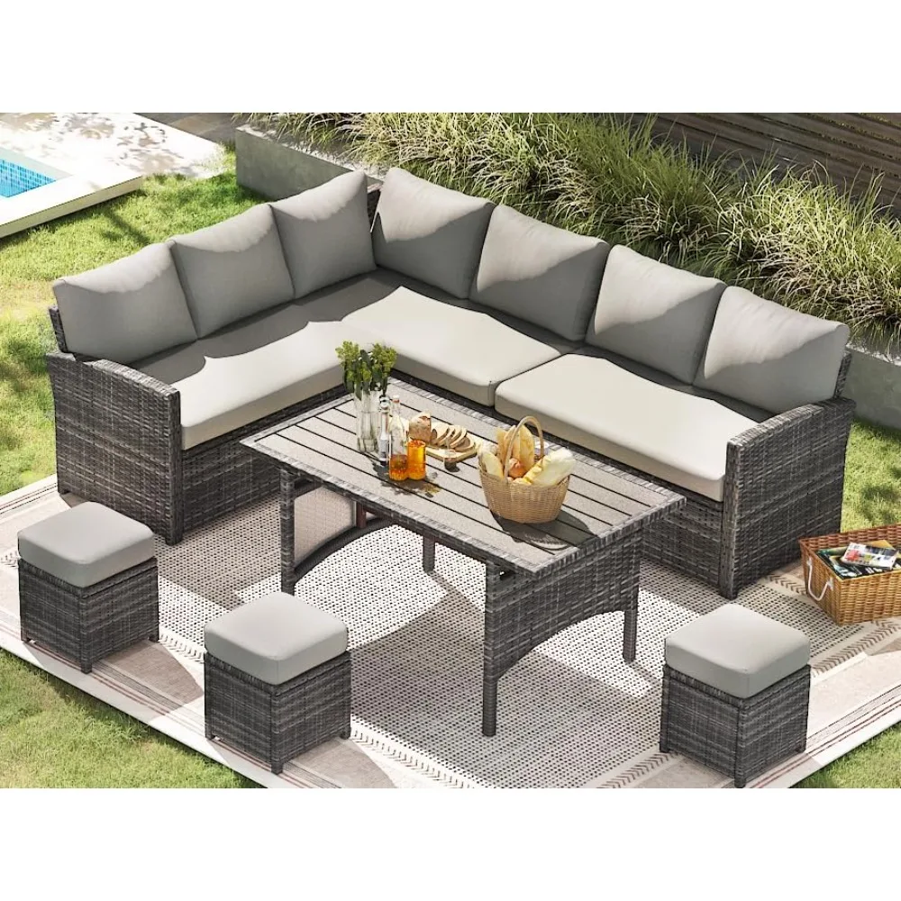 Outdoor Sectional Sofa Conversation Set, All Weather Wicker Rattan Dining Table & Chair, 7 Pieces Patio Furniture Set