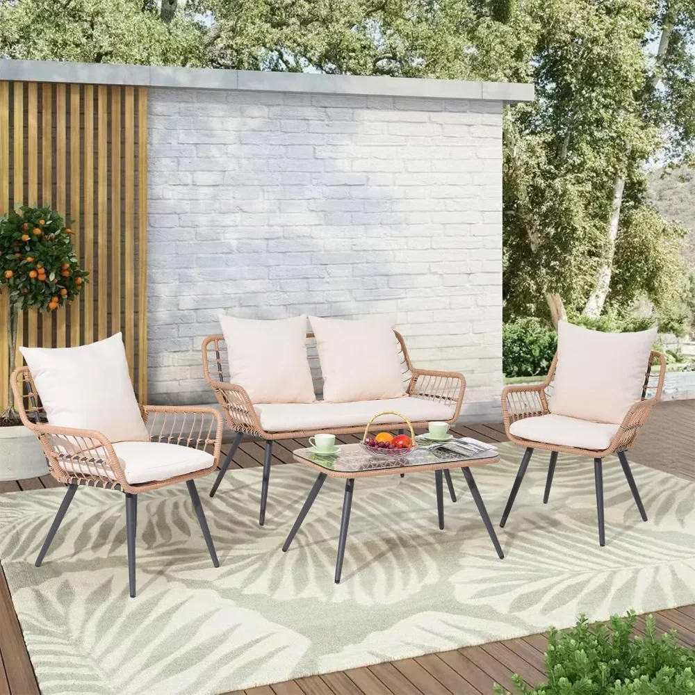 4 Pieces Patio Furniture Set, Outdoor Wicker Patio Conversation Set for Porch Deck, Boho Loveseat & 2 Armchairs with Cushion and