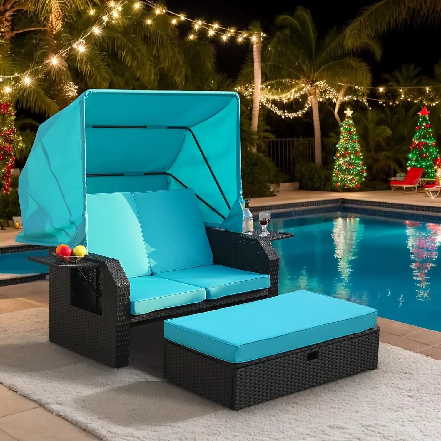 Outdoor Wicker Loveseat - Patio Furniture Set with Retractable Canopy, Adjustable Back, Side Table, Ottoman, Cushion - PE Rattan