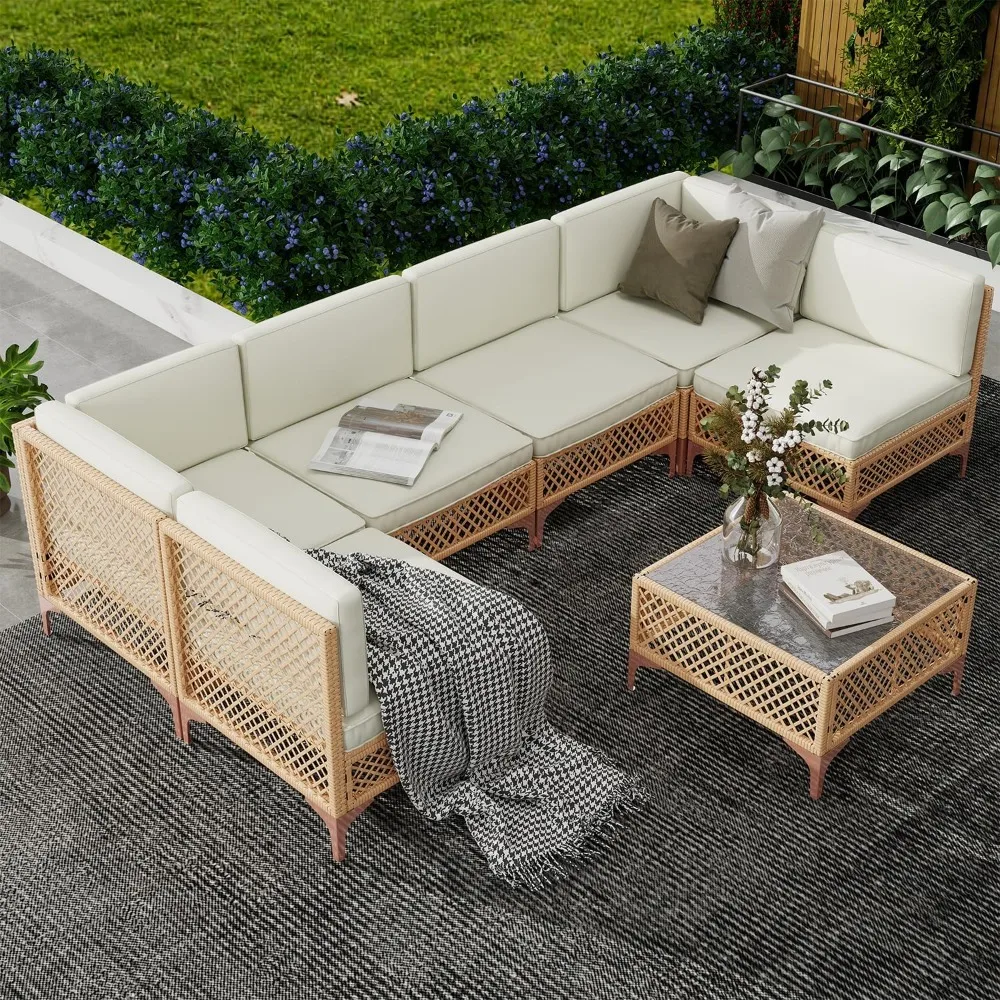 7 Piece Outdoor Patio Furniture Set, Patio Sectional Furniture Set, Wicker Outdoor Couch Sets with Glass Table and Cushions