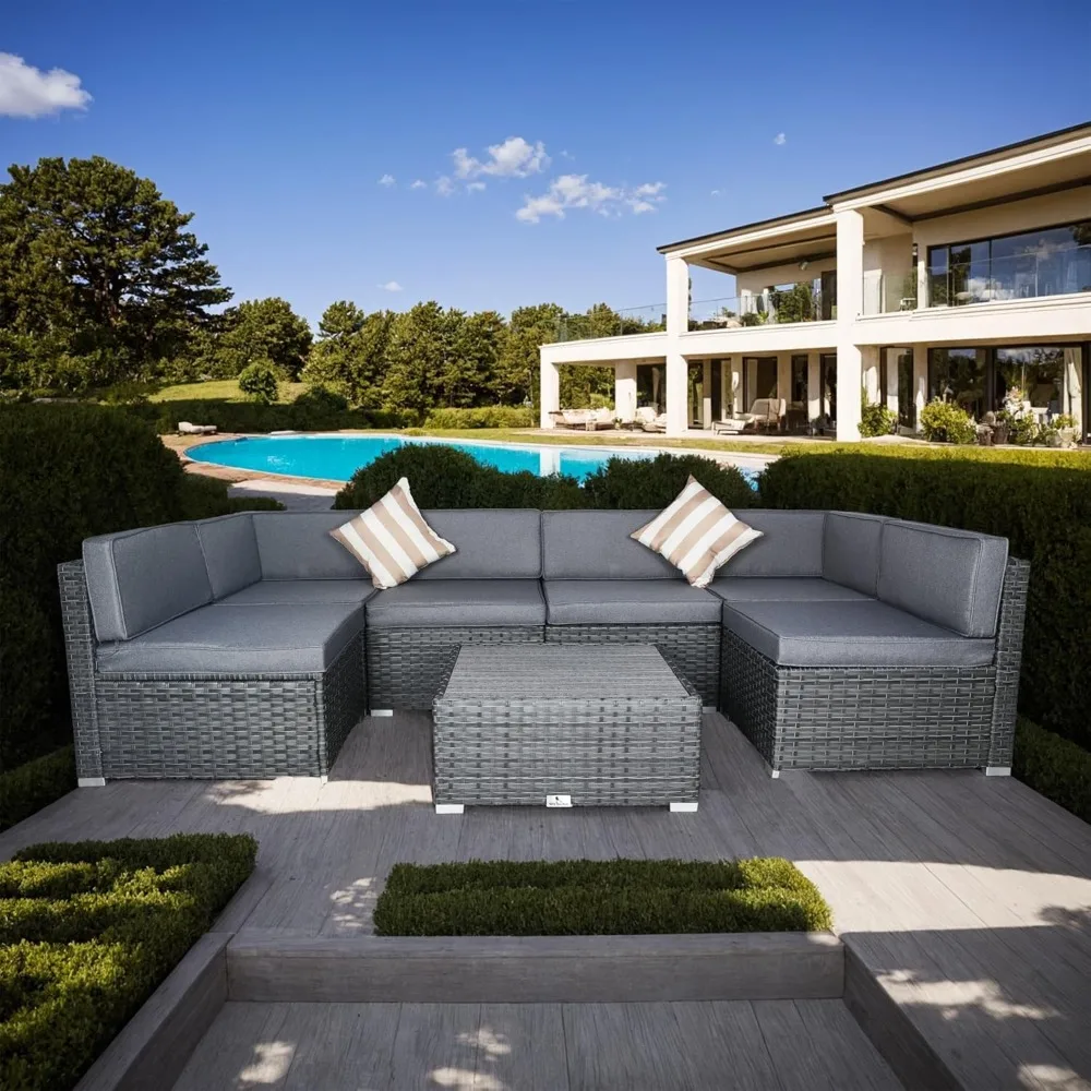7 Piece Outdoor Patio Furniture Set with Cushions, PE Rattan Wicker Modular Patio Sofa Set with Coffee Table, and Two Pillows