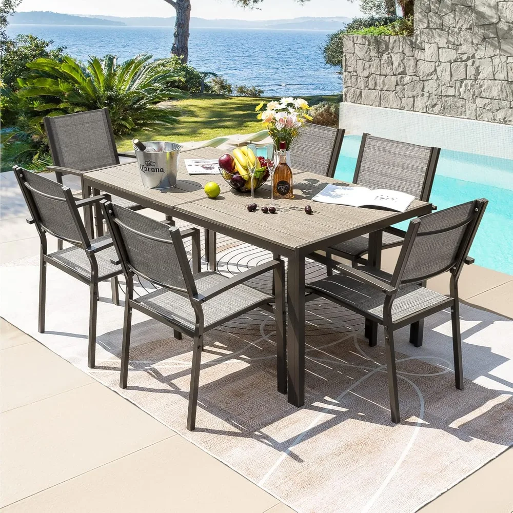 7 Piece Patio Dining Set, with Weather Resistant Table and 6 Stackable Textilene Chairs for Garden, Outdoor Furniture Set