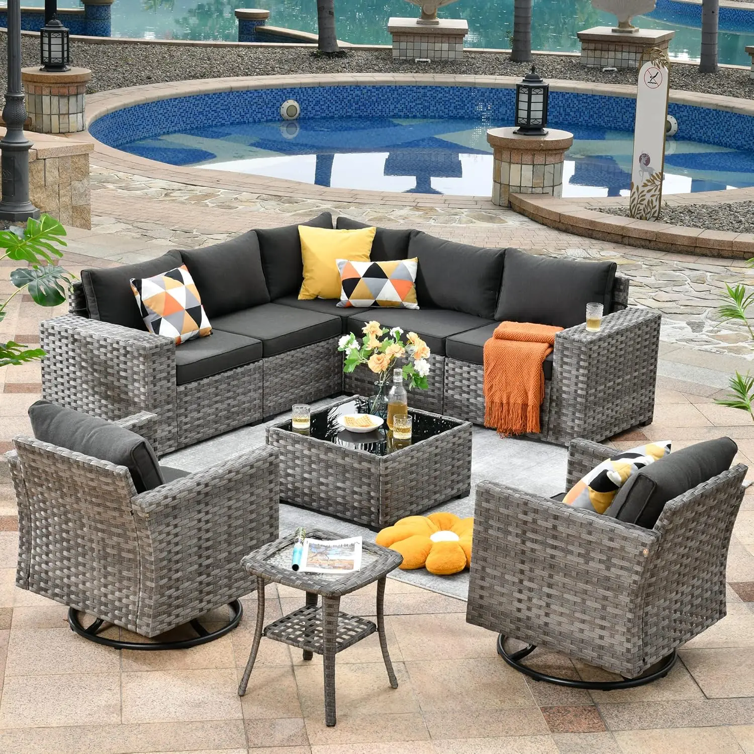 Patio Furniture Sets Outdoor Sectional Sofa with Swivel Rocking Chairs,PE Wicker Conversation Couchfor Backyard Deck Garden