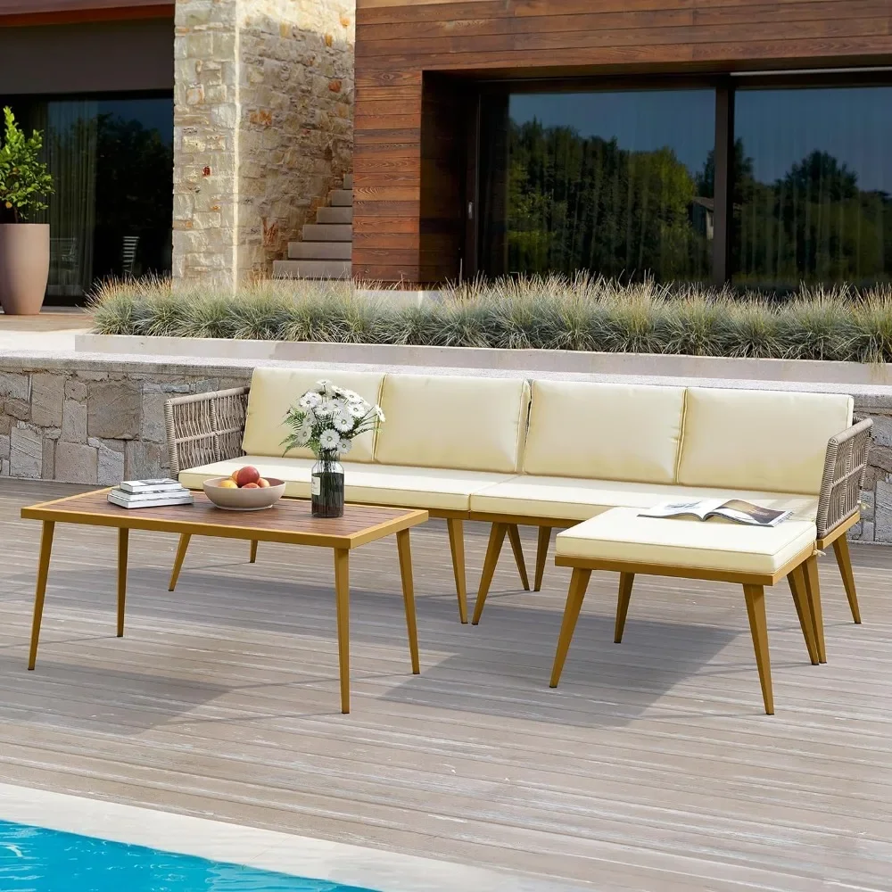 4 Pieces Patio Furniture Set, Outdoor Rattan Woven Conversation Sectional L-Shaped Sofa with 5 Seater for Backyard