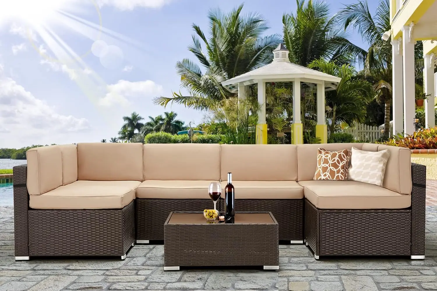 7 Piece Outdoor Patio Furniture Set, PE Rattan Wicker Sofa Set, Outdoor Sectional Furniture Chair Set with Cushions and Te