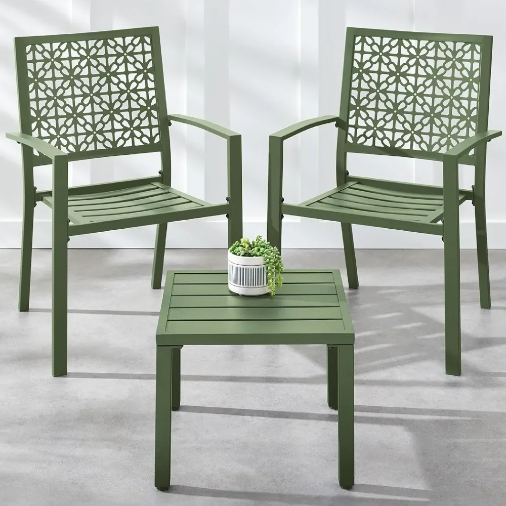 3-Piece Outdoor Bistro Set, Stackable Modern Steel Furniture for Porch, Garden w/ 2 Chairs, Table, Geometric Decor