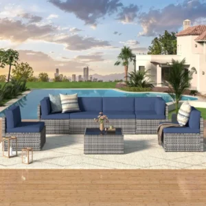 7 Piece Outdoor Patio Furniture Set, PE Rattan Outdoor Grey Wicker Furniture, Outdoor Sectional Furniture Chair Set with Cushion