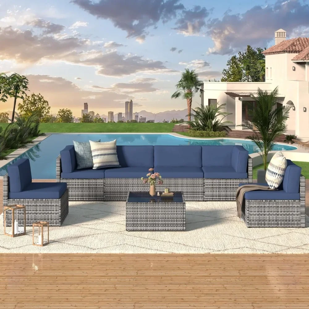 7 Piece Outdoor Patio Furniture Set, PE Rattan Outdoor Grey Wicker Furniture, Outdoor Sectional Furniture Chair Set with Cushion