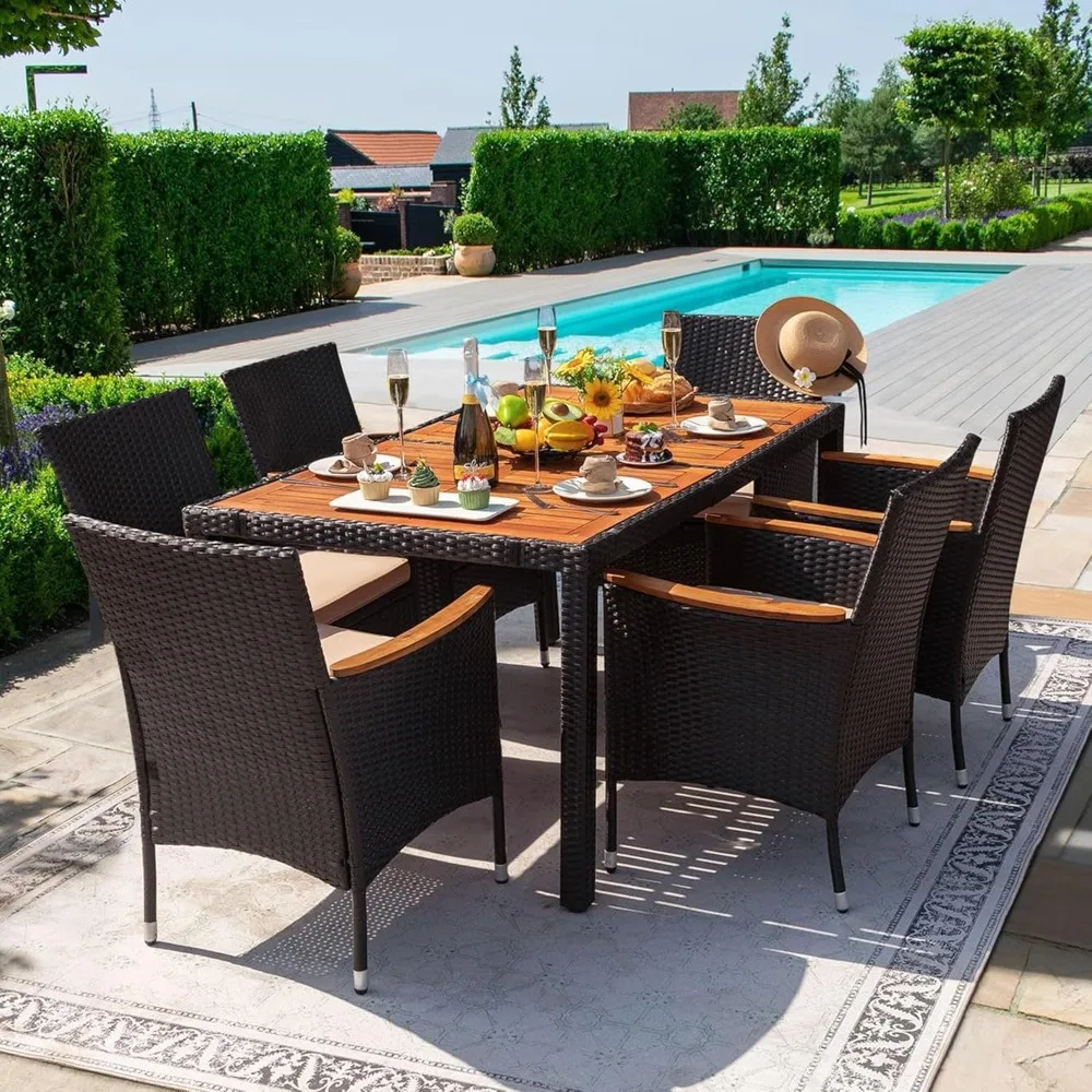 7-piece Furniture Set, Terrace Reception Set, with Lovewood Tabletop, Rattan Outdoor, Black